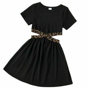 Kid Girl Leopard Print Crisscross Hollowed out Short-Sleeve Black Dress Toddler